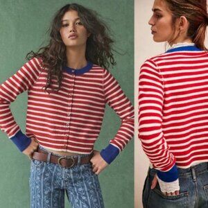 New! Free People nocturnal stripe Red Blue Cardigan sweater 2725
